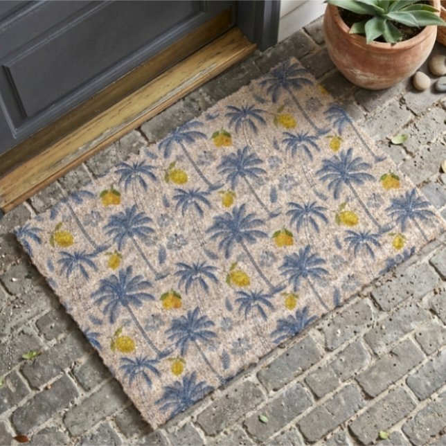 Blue Toile Palm Trees Lemons  Fiber Doormat (Creator Uploaded)