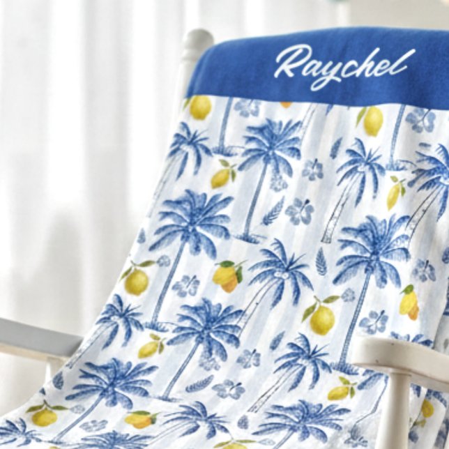 Blue Toile Palm Trees Lemons Monogram Name Baby Blanket (Creator Uploaded)