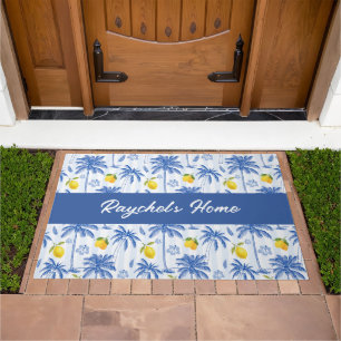 Blue Toile Palm Trees Lemons Monogram Name Doormat