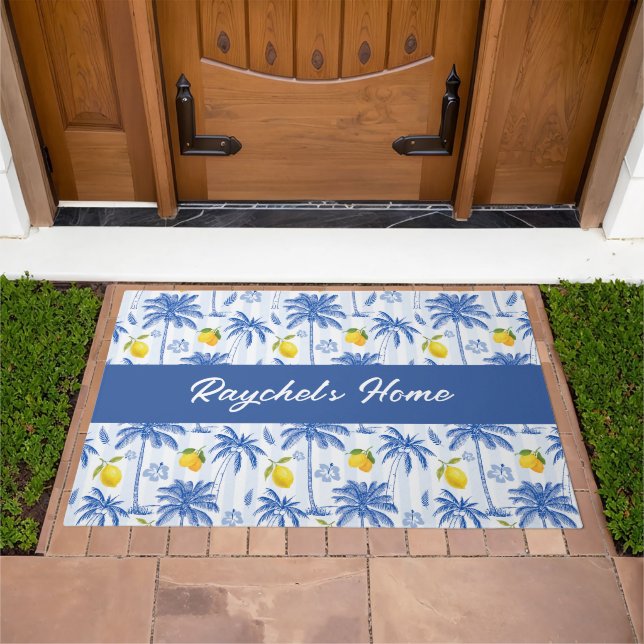 Blue Toile Palm Trees Lemons Monogram Name Doormat (Outdoor)