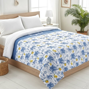 Blue Toile Palm Trees Lemons Monogram Name Duvet Cover