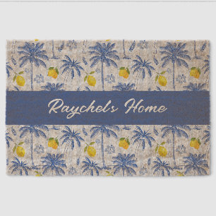 Blue Toile Palm Trees Lemons Monogram Name Fiber Doormat