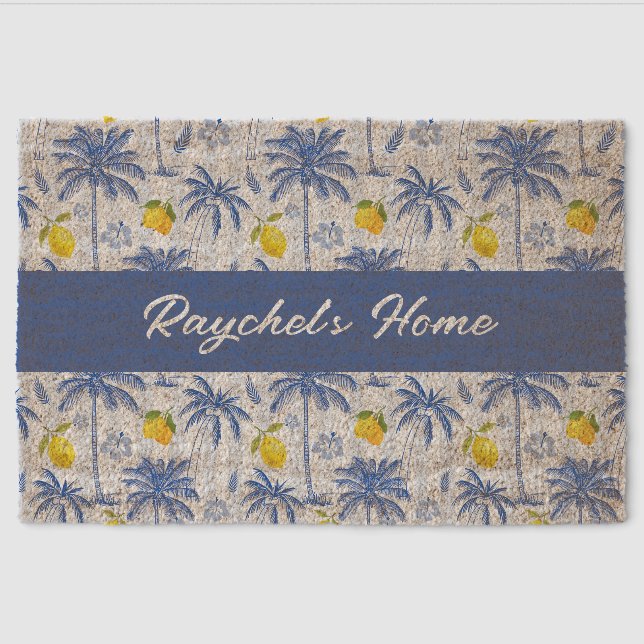 Blue Toile Palm Trees Lemons Monogram Name Fiber Doormat (Front)