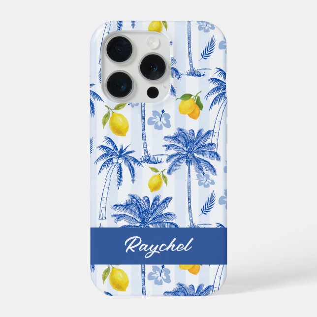 Blue Toile Palm Trees Lemons Monogram Name iPhone Case (Back)