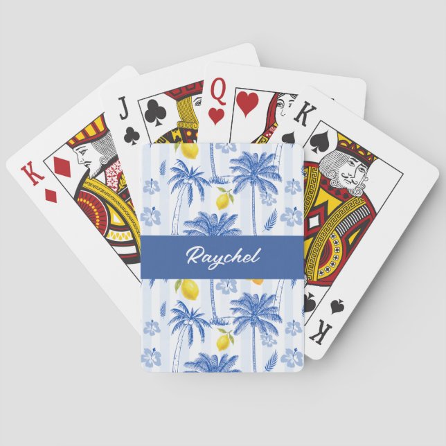 Blue Toile Palm Trees Lemons Monogram Name Poker Cards (Back)