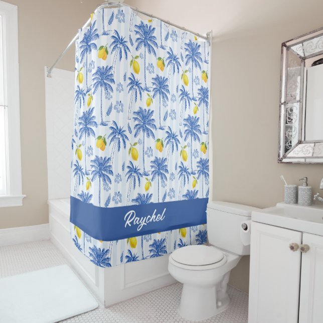 Blue Toile Palm Trees Lemons Monogram Name Shower Curtain (In Situ)