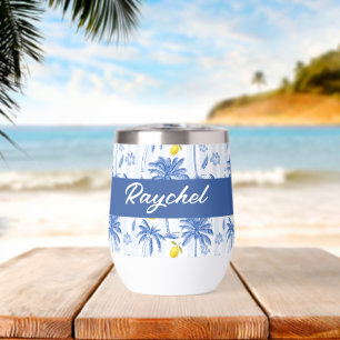 Blue Toile Palm Trees Lemons Monogram Name Thermal Wine Tumbler