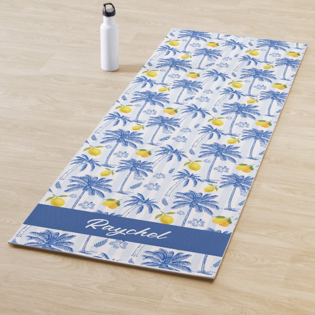 Blue Toile Palm Trees Lemons Monogram Name Yoga Mat (In Situ)
