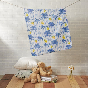 Blue Toile Palm Trees Lemons Pattern Baby Blanket