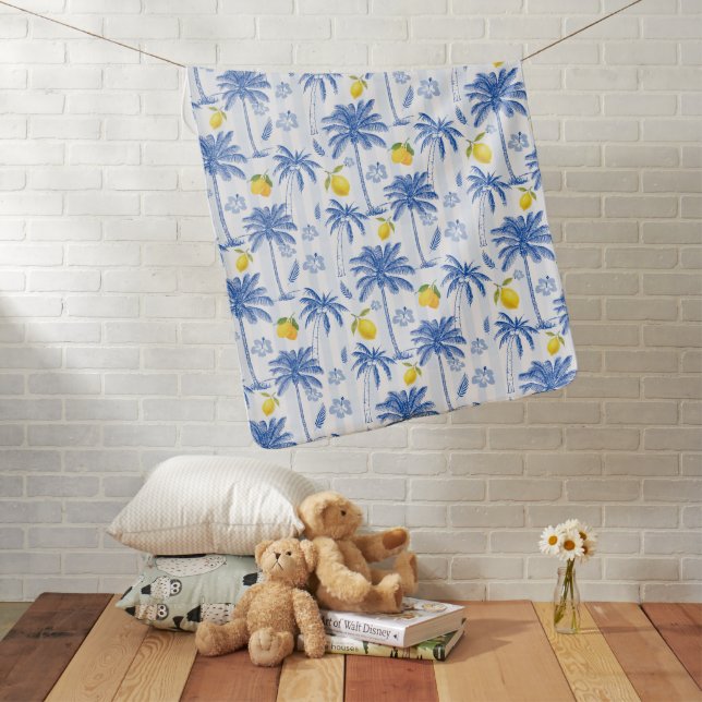 Blue Toile Palm Trees Lemons Pattern Baby Blanket (In Situ)