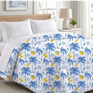 Blue Toile Palm Trees Lemons Pattern Duvet Cover