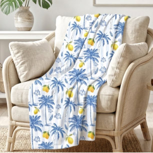 Blue Toile Palm Trees Lemons Pattern Fleece Blanket