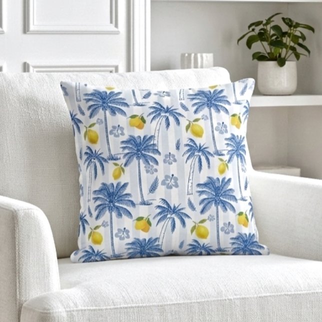 Blue Toile Palm Trees Lemons Pattern Throw Pillow (Creator Uploaded)