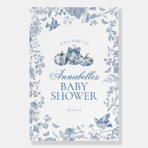 Blue Toile Pumpkin French Baby Shower Welcome Sign