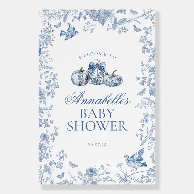 Blue Toile Pumpkin French Baby Shower Welcome Sign (Front)