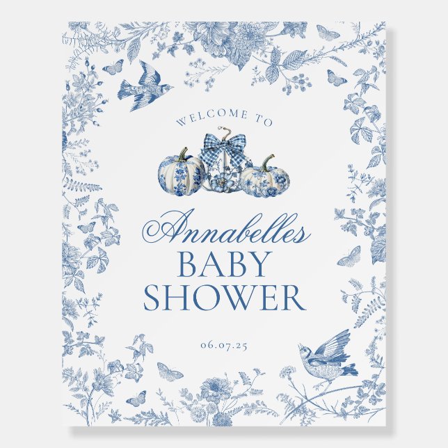 Blue Toile Pumpkin French Baby Shower Welcome Sign (Front)