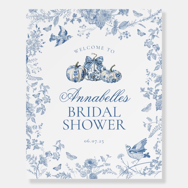 Blue Toile Pumpkin French Bridal Shower Welcome Foam Board (Front)