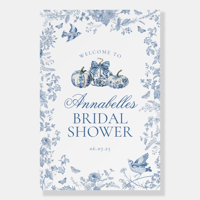 Blue Toile Pumpkin French Bridal Shower Welcome Foam Board (Front)
