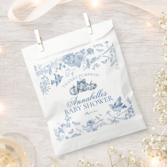 Blue Toile Pumpkin French Fall Baby Shower Dessert Favor Bag (Clipped)