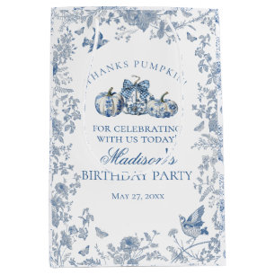 Blue Toile Pumpkin French Fall Birthday Favors Medium Gift Bag