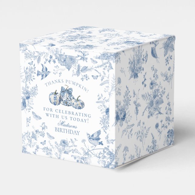 Blue Toile Pumpkin French Fall Birthday Party Favor Boxes (Front Side)