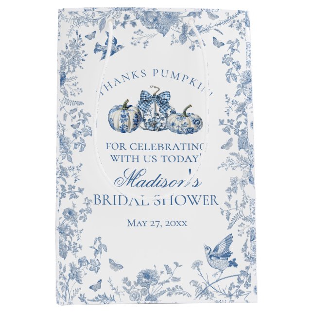 Blue Toile Pumpkin French Fall Bridal Shower Favor Medium Gift Bag (Front)