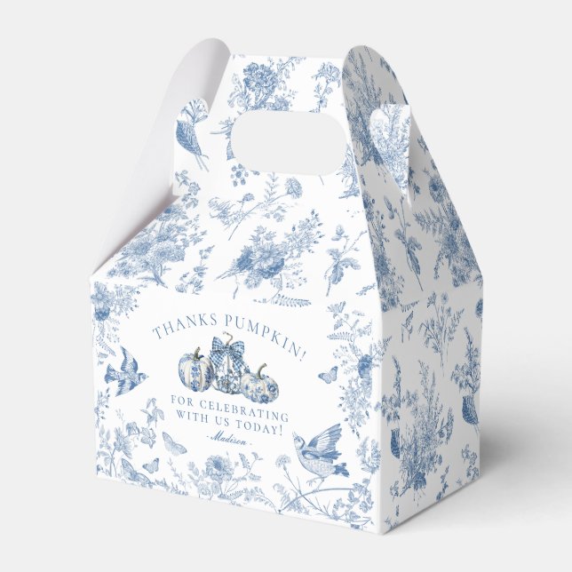 Blue Toile Pumpkin French Fall Dessert Favor Boxes (Front Side)