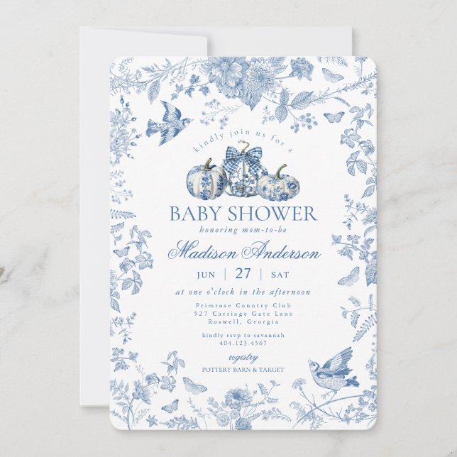 Blue Toile Pumpkin French Fall Floral Baby Shower Invitation (Front)