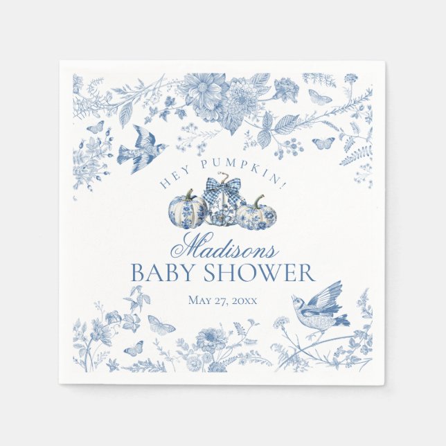 Blue Toile Pumpkin French Fall Floral Baby Shower Napkins (Front)