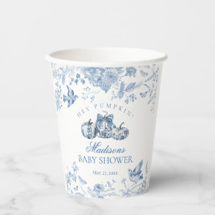 Blue Toile Pumpkin French Fall Floral Baby Shower Paper Cups