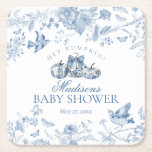 Blue Toile Pumpkin French Fall Floral Baby Shower Square Paper Coaster<br><div class="desc">Elevate your autumn celebrations with our Fall Toile theme party decor, featuring detailed floral blue toile on a warm white background and fresh pumpkins adorned with blue floral Chinoiserie prints. This French-inspired design captures the crisp and fresh essence of fall. The intricate toile de Jouy pattern adds a touch of...</div>