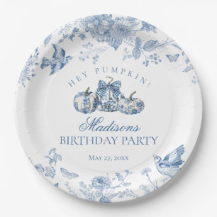 Blue Toile Pumpkin French Fall Floral Birthday Paper Plates