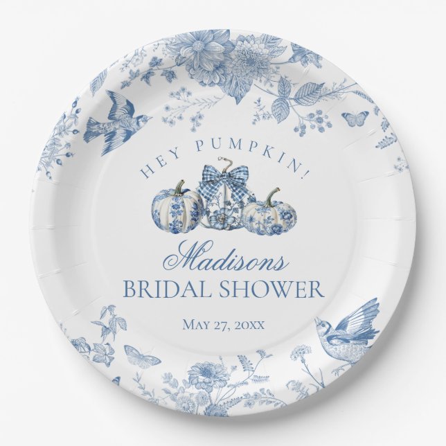 Blue Toile Pumpkin French Fall Floral Bridal Showe Paper Plates (Front)