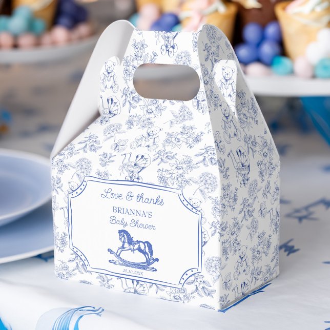 Blue toile rocking horse baby shower favors custom favor boxes (Blue toile vintage rocking horse baby shower favors personalized favor boxes)