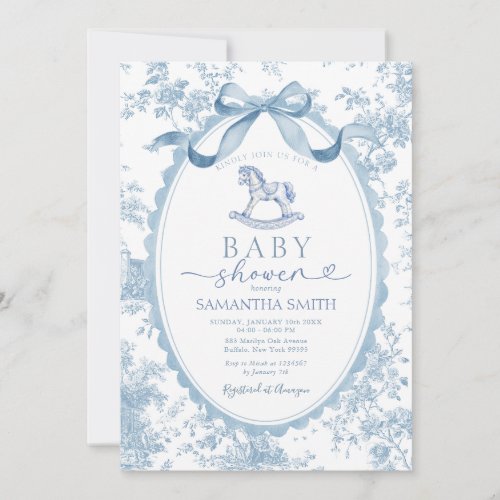 Blue Toile Rocking Horse Baby Shower Invitation