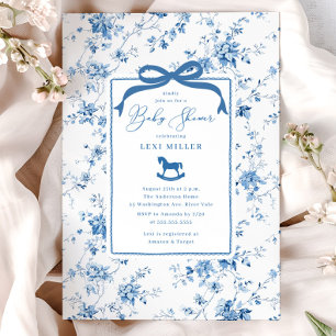 Blue Toile Rocking Horse Baby Shower Invitation