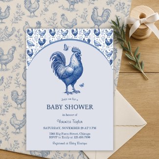 Blue Toile Rooster French Country Baby Shower