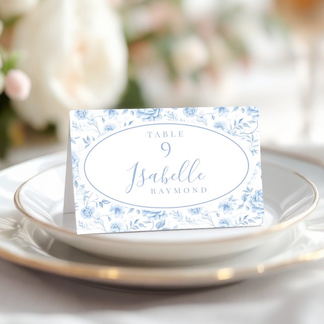 Blue Toile Rose Flower Wedding Place Cards (Creator Uploaded)