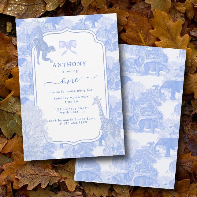 Blue Toile Safari Animals Chinoiserie Boy Birthday Invitation (Blue Toile Safari Animals Chinoiserie Boy Birthday Invitation)