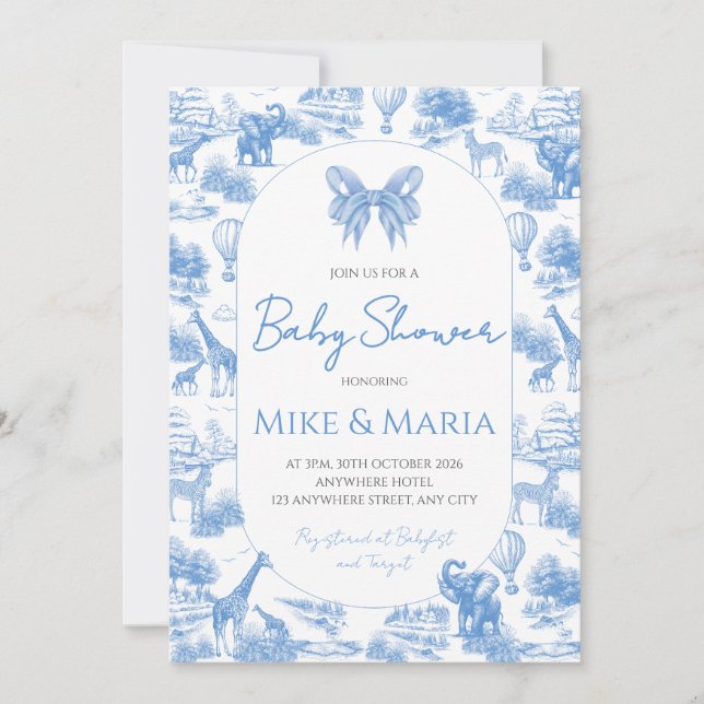 Blue Toile Safari Baby Shower Invitation (Front)