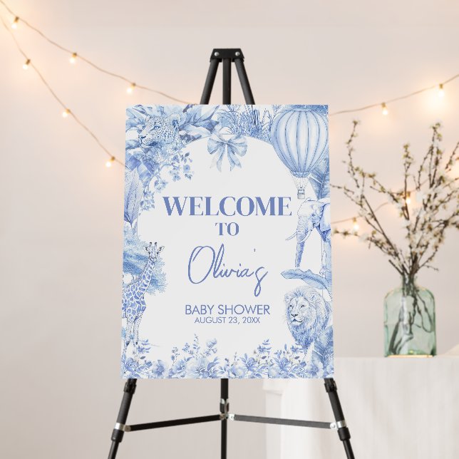 Blue Toile Safari Baby Shower Welcome Sign (In Situ (Stand))