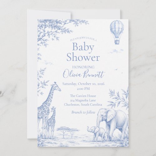 Blue Toile Safari Giraffe Elephant Baby Shower Invitation