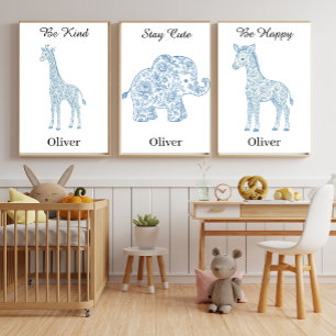 Blue Toile Safari Personalized Kids Nursery Wall Art Sets