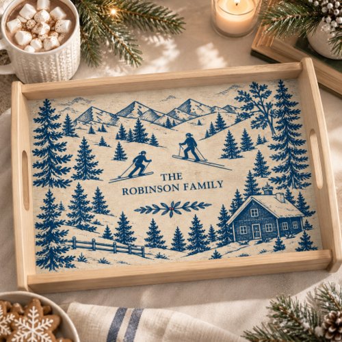 Blue Toile Ski Holiday Vintage Mountain Serving Tray