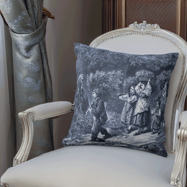 Blue Toile Swiss Traditional Procession in Valais Throw Pillow (Size shown approximates the 20 inch size.)