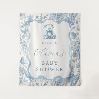Blue Toile Teddy Bear Baby Shower Tapestry