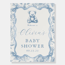 Blue Toile Teddy Bear Baby Shower Welcome Sign