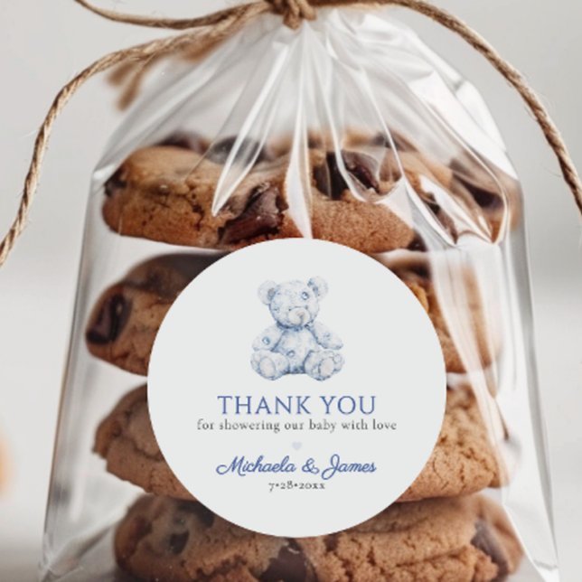 Blue Toile Teddy Bear Boy Baby Shower Favor Classic Round Sticker (Creator Uploaded)
