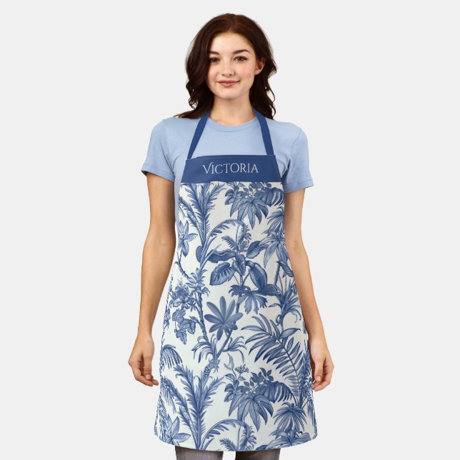 Blue Toile Tropical Boho Palm Tree Personalized Apron (Worn)