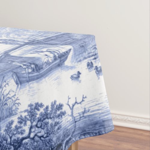 Blue Toile Vintage French Pastoral Bridge Boat Tablecloth